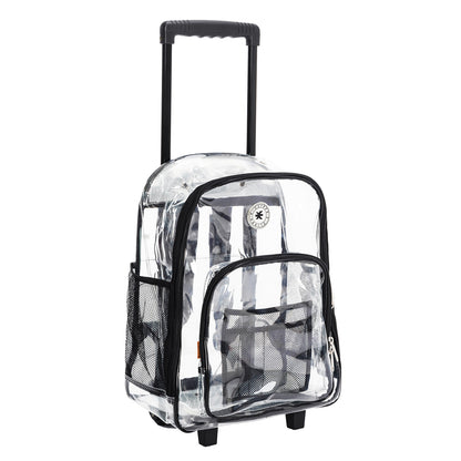 - 4 PACKS | $44.99 PER PACK ||    Wholesale Case Lot: 4pc Rolling Clear Backpack: Heavy-Duty See-Through Daypack with Wheels for School and Travel