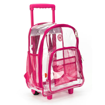 - 4 PACKS | $44.99 PER PACK ||    Wholesale Case Lot: 4pc Rolling Clear Backpack: Heavy-Duty See-Through Daypack with Wheels for School and Travel