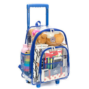 - 4 PACKS | $44.99 PER PACK ||    Wholesale Case Lot: 4pc Rolling Clear Backpack: Heavy-Duty See-Through Daypack with Wheels for School and Travel