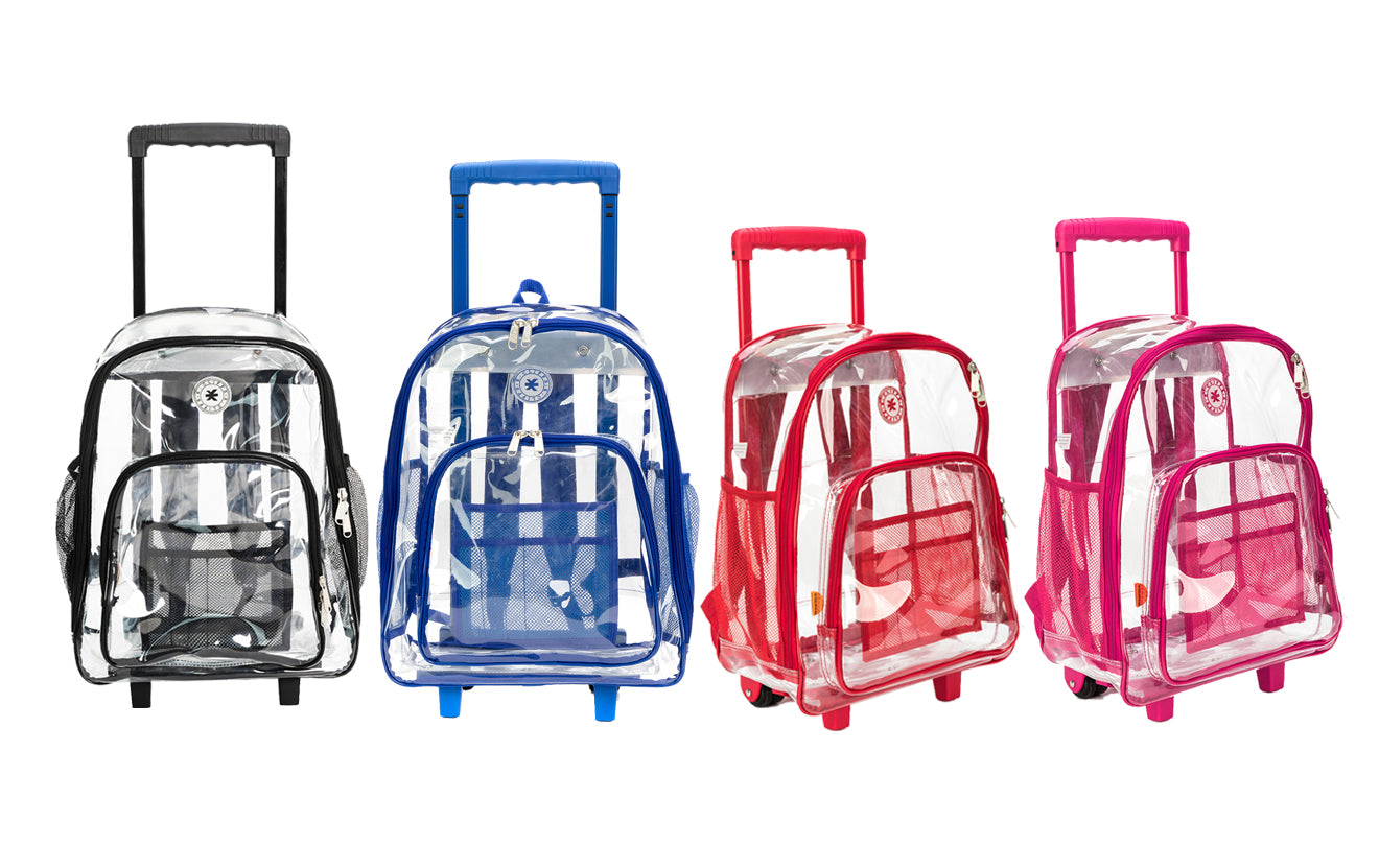 - 4 PACKS | $44.99 PER PACK ||    Wholesale Case Lot: 4pc Rolling Clear Backpack: Heavy-Duty See-Through Daypack with Wheels for School and Travel