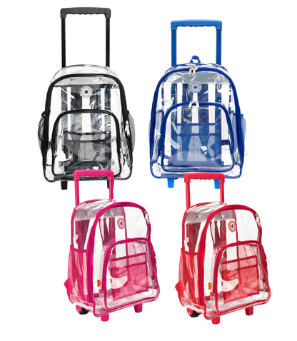 - 4 PACKS | $44.99 PER PACK ||    Wholesale Case Lot: 4pc Rolling Clear Backpack: Heavy-Duty See-Through Daypack with Wheels for School and Travel