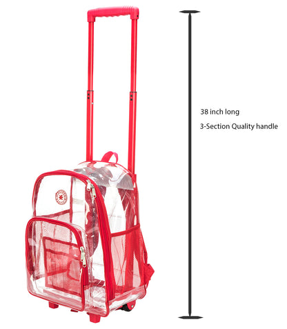 - 4 PACKS | $44.99 PER PACK ||    Wholesale Case Lot: 4pc Rolling Clear Backpack: Heavy-Duty See-Through Daypack with Wheels for School and Travel