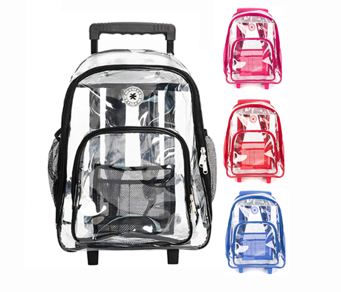 - 4 PACKS | $44.99 PER PACK ||    Wholesale Case Lot: 4pc Rolling Clear Backpack: Heavy-Duty See-Through Daypack with Wheels for School and Travel