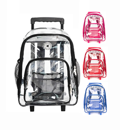 - 4 PACKS | $44.99 PER PACK ||    Wholesale Case Lot: 4pc Rolling Clear Backpack: Heavy-Duty See-Through Daypack with Wheels for School and Travel