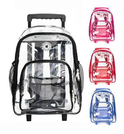 - 4 PACKS | $44.99 PER PACK ||    Wholesale Case Lot: 4pc Rolling Clear Backpack: Heavy-Duty See-Through Daypack with Wheels for School and Travel