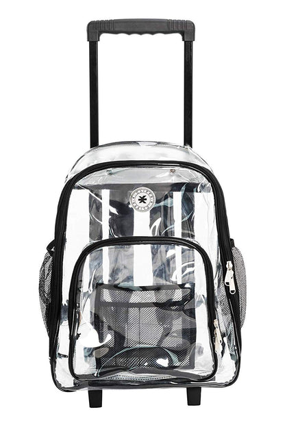 - 4 PACKS | $44.99 PER PACK ||    Wholesale Case Lot: 4pc Rolling Clear Backpack: Heavy-Duty See-Through Daypack with Wheels for School and Travel